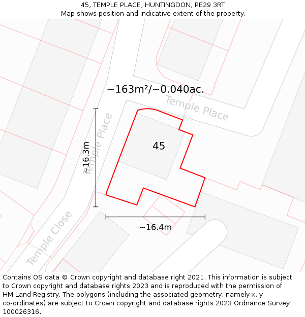 45, TEMPLE PLACE, HUNTINGDON, PE29 3RT: Plot and title map