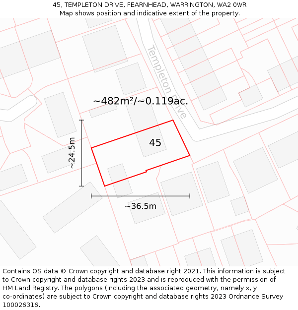 45, TEMPLETON DRIVE, FEARNHEAD, WARRINGTON, WA2 0WR: Plot and title map