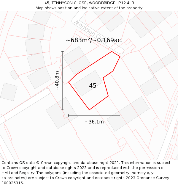 45, TENNYSON CLOSE, WOODBRIDGE, IP12 4LB: Plot and title map