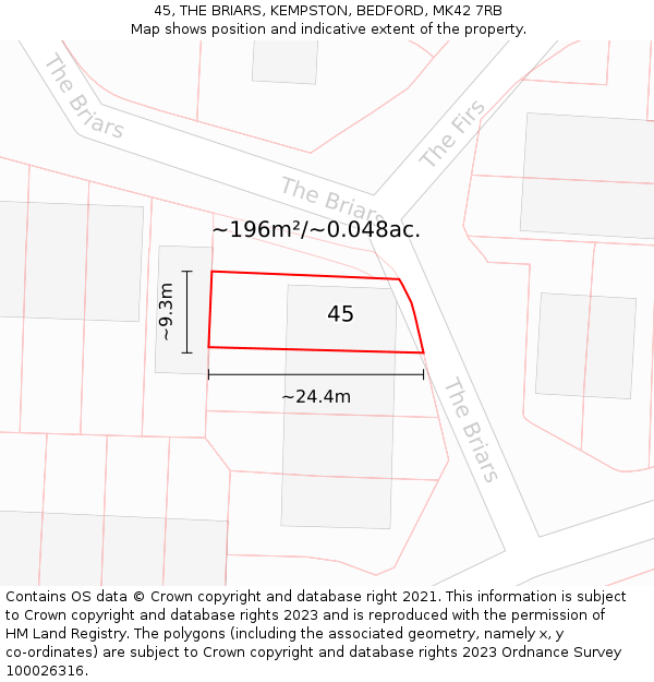 45, THE BRIARS, KEMPSTON, BEDFORD, MK42 7RB: Plot and title map