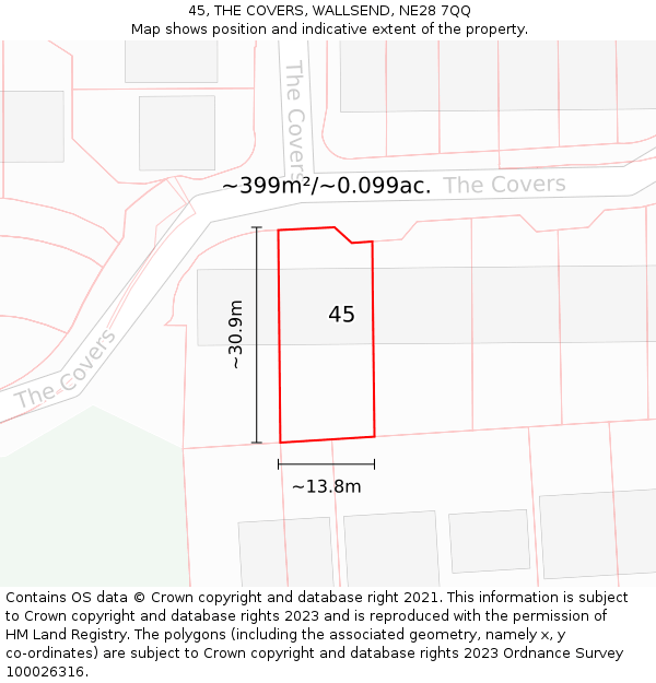 45, THE COVERS, WALLSEND, NE28 7QQ: Plot and title map