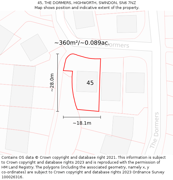 45, THE DORMERS, HIGHWORTH, SWINDON, SN6 7NZ: Plot and title map