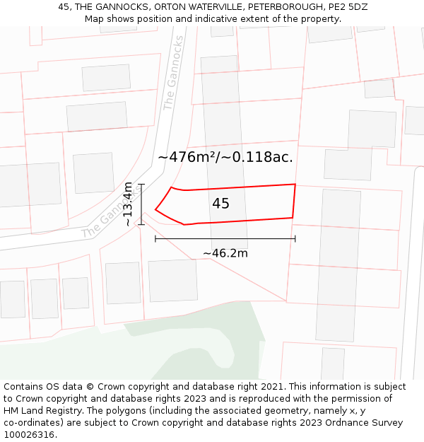 45, THE GANNOCKS, ORTON WATERVILLE, PETERBOROUGH, PE2 5DZ: Plot and title map