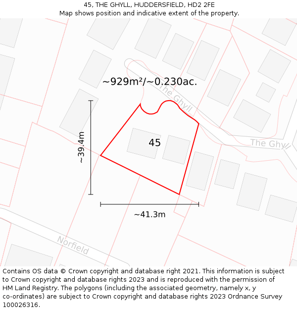45, THE GHYLL, HUDDERSFIELD, HD2 2FE: Plot and title map