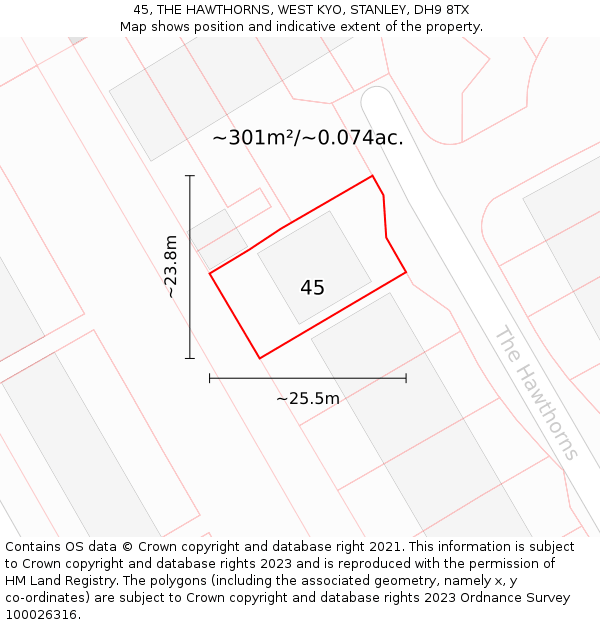 45, THE HAWTHORNS, WEST KYO, STANLEY, DH9 8TX: Plot and title map