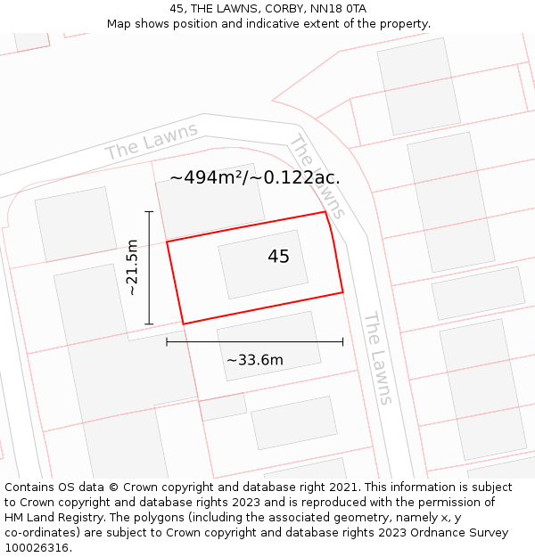 45, THE LAWNS, CORBY, NN18 0TA: Plot and title map