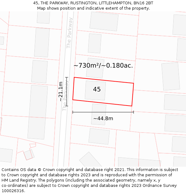 45, THE PARKWAY, RUSTINGTON, LITTLEHAMPTON, BN16 2BT: Plot and title map