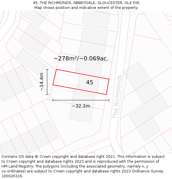 45, THE RICHMONDS, ABBEYDALE, GLOUCESTER, GL4 5YA: Plot and title map