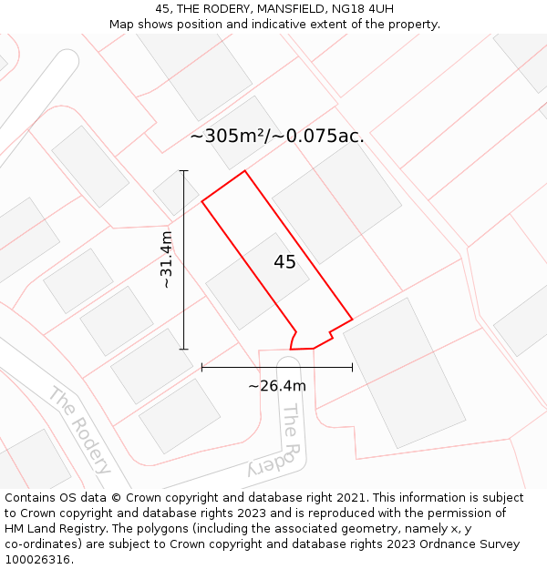 45, THE RODERY, MANSFIELD, NG18 4UH: Plot and title map