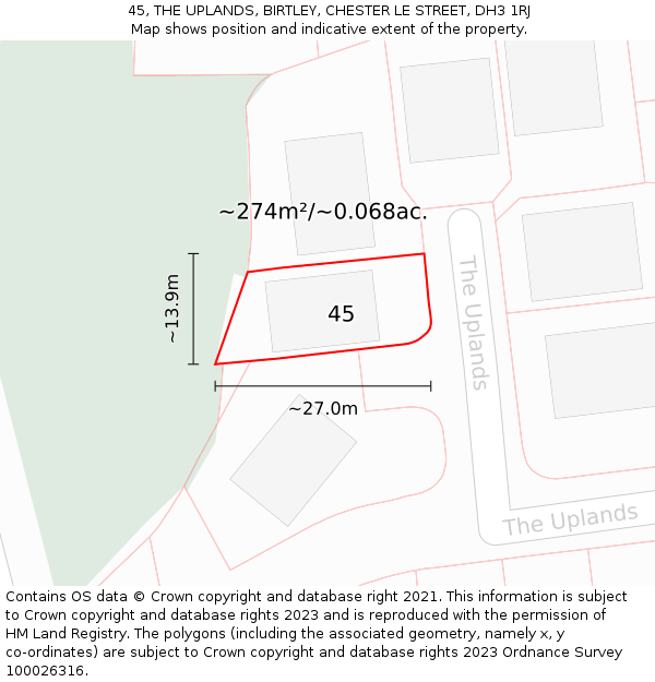 45, THE UPLANDS, BIRTLEY, CHESTER LE STREET, DH3 1RJ: Plot and title map