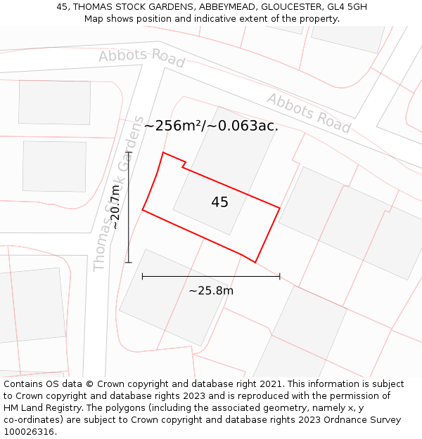 45, THOMAS STOCK GARDENS, ABBEYMEAD, GLOUCESTER, GL4 5GH: Plot and title map