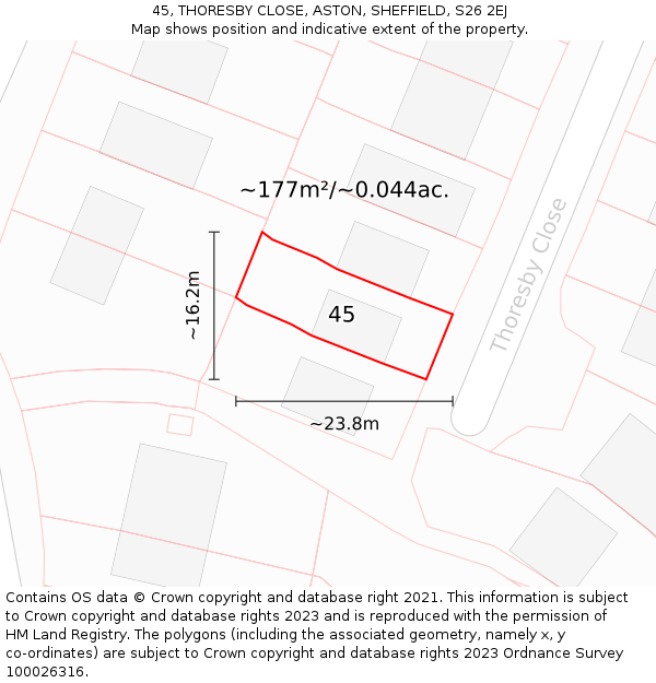 45, THORESBY CLOSE, ASTON, SHEFFIELD, S26 2EJ: Plot and title map