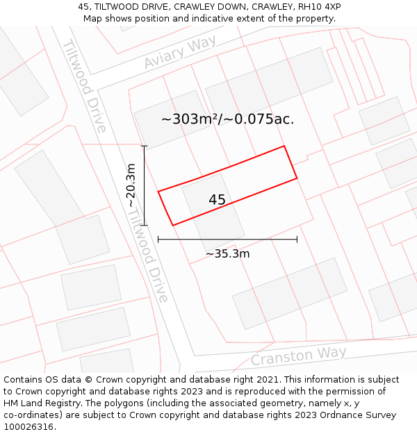45, TILTWOOD DRIVE, CRAWLEY DOWN, CRAWLEY, RH10 4XP: Plot and title map