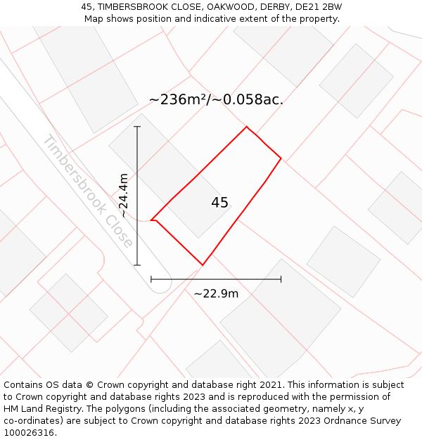 45, TIMBERSBROOK CLOSE, OAKWOOD, DERBY, DE21 2BW: Plot and title map