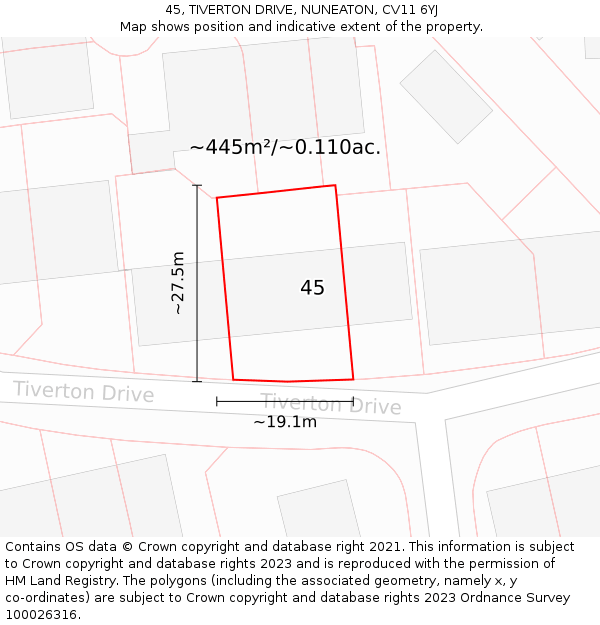 45, TIVERTON DRIVE, NUNEATON, CV11 6YJ: Plot and title map
