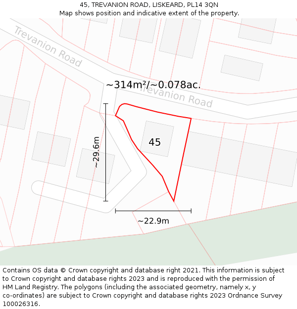 45, TREVANION ROAD, LISKEARD, PL14 3QN: Plot and title map