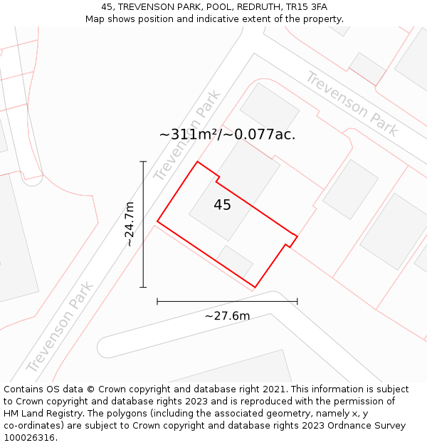 45, TREVENSON PARK, POOL, REDRUTH, TR15 3FA: Plot and title map