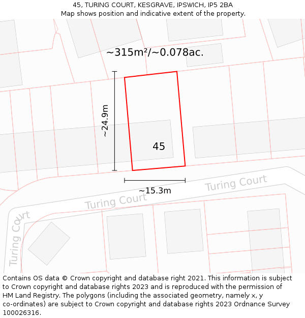 45, TURING COURT, KESGRAVE, IPSWICH, IP5 2BA: Plot and title map