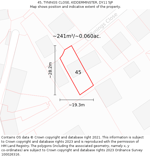 45, TYNINGS CLOSE, KIDDERMINSTER, DY11 5JP: Plot and title map