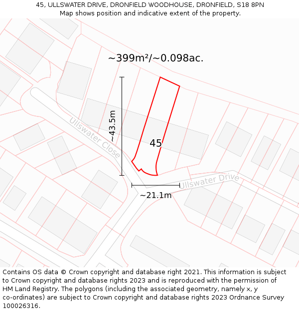 45, ULLSWATER DRIVE, DRONFIELD WOODHOUSE, DRONFIELD, S18 8PN: Plot and title map