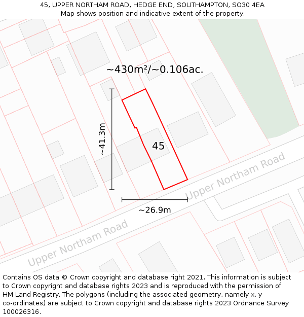 45, UPPER NORTHAM ROAD, HEDGE END, SOUTHAMPTON, SO30 4EA: Plot and title map