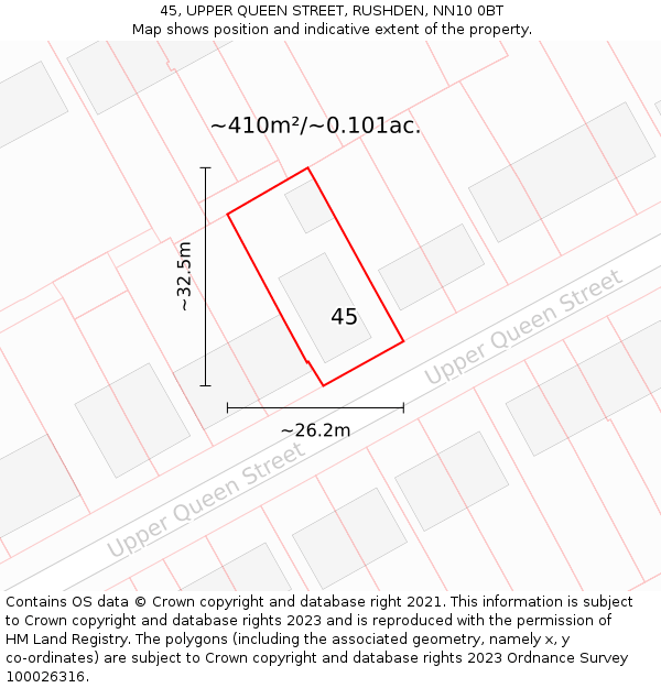 45, UPPER QUEEN STREET, RUSHDEN, NN10 0BT: Plot and title map