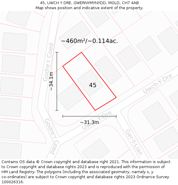 45, UWCH Y DRE, GWERNYMYNYDD, MOLD, CH7 4AB: Plot and title map