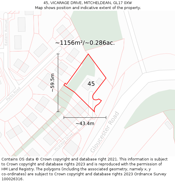 45, VICARAGE DRIVE, MITCHELDEAN, GL17 0XW: Plot and title map