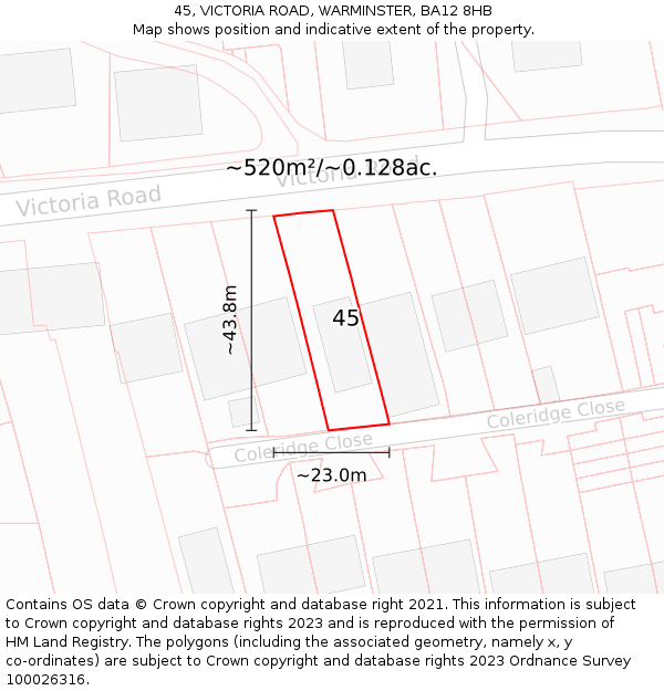 45, VICTORIA ROAD, WARMINSTER, BA12 8HB: Plot and title map