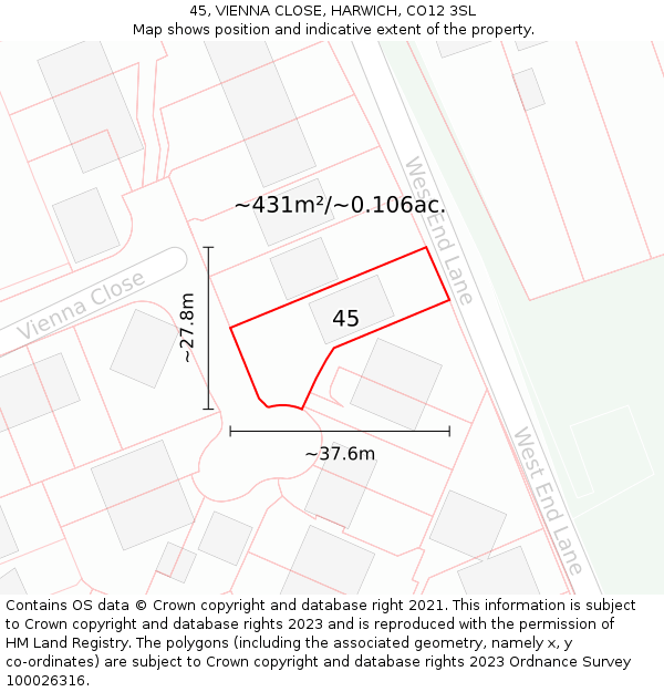 45, VIENNA CLOSE, HARWICH, CO12 3SL: Plot and title map