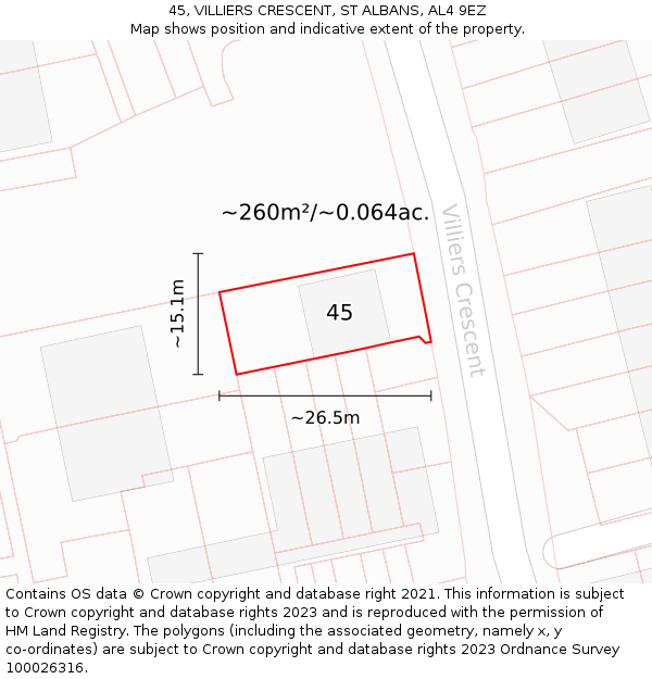 45, VILLIERS CRESCENT, ST ALBANS, AL4 9EZ: Plot and title map