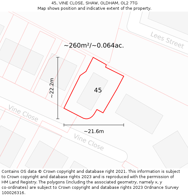 45, VINE CLOSE, SHAW, OLDHAM, OL2 7TG: Plot and title map