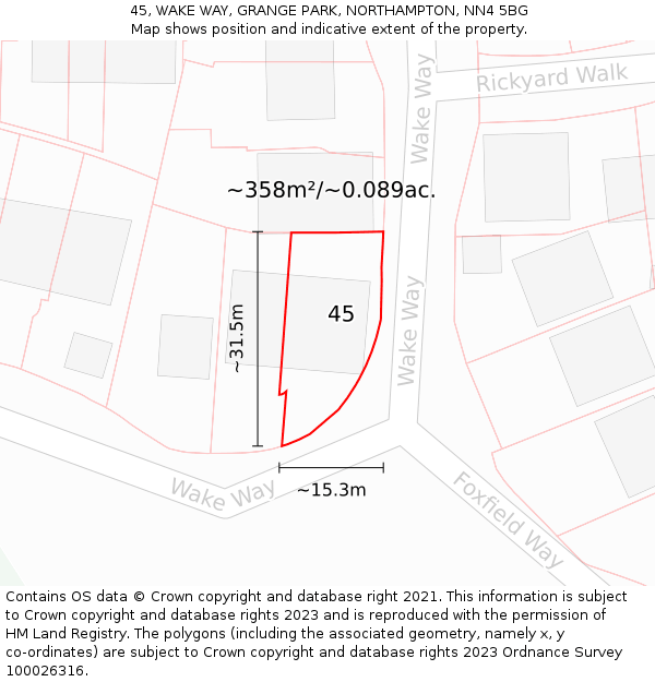 45, WAKE WAY, GRANGE PARK, NORTHAMPTON, NN4 5BG: Plot and title map
