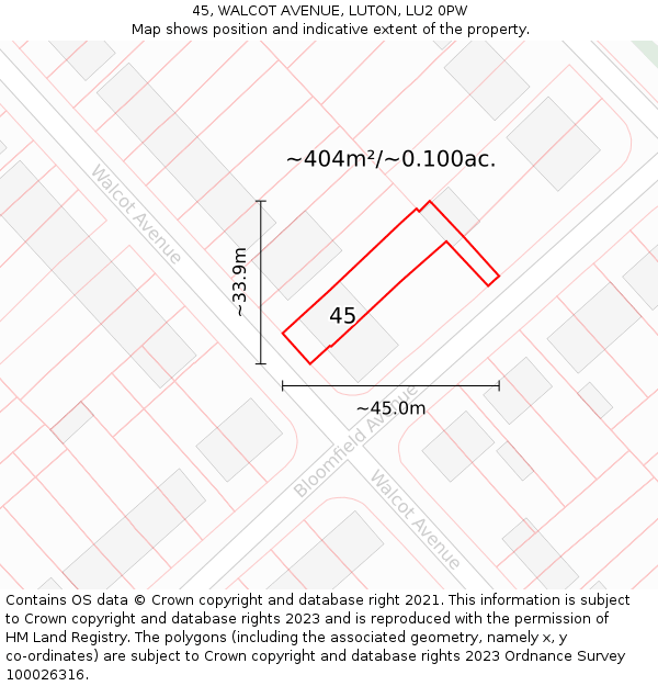 45, WALCOT AVENUE, LUTON, LU2 0PW: Plot and title map