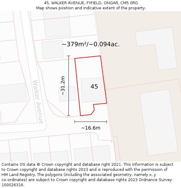 45, WALKER AVENUE, FYFIELD, ONGAR, CM5 0RG: Plot and title map