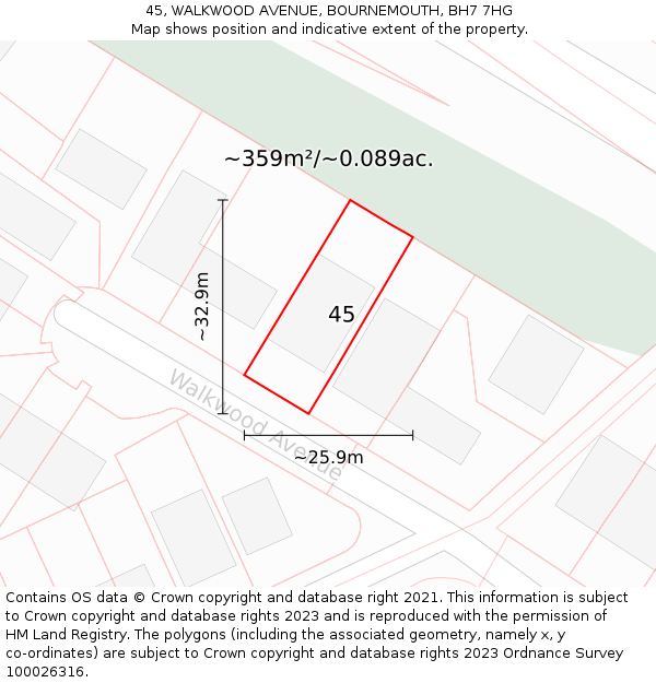 45, WALKWOOD AVENUE, BOURNEMOUTH, BH7 7HG: Plot and title map