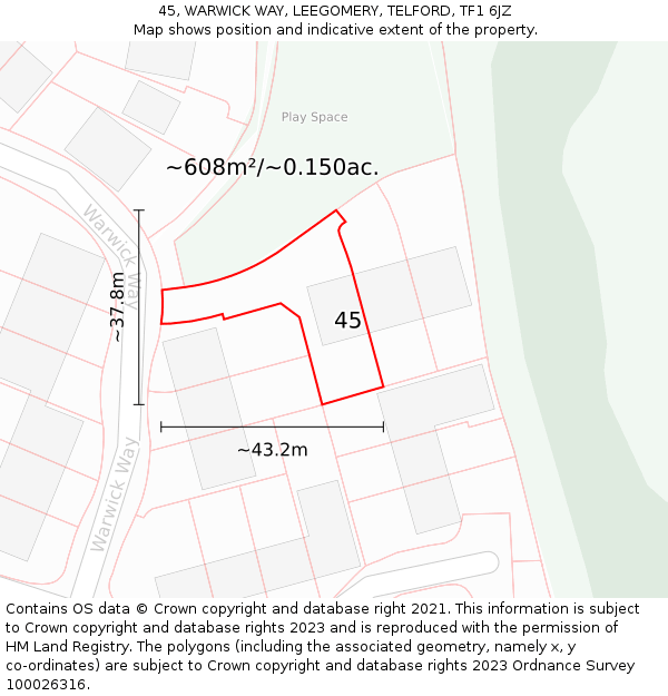 45, WARWICK WAY, LEEGOMERY, TELFORD, TF1 6JZ: Plot and title map