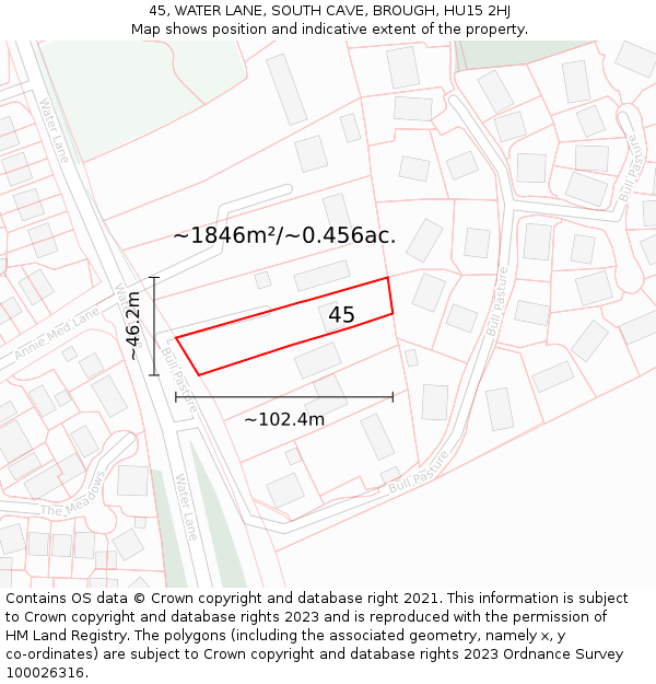 45, WATER LANE, SOUTH CAVE, BROUGH, HU15 2HJ: Plot and title map