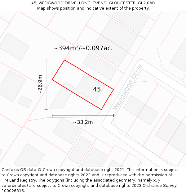 45, WEDGWOOD DRIVE, LONGLEVENS, GLOUCESTER, GL2 0AD: Plot and title map