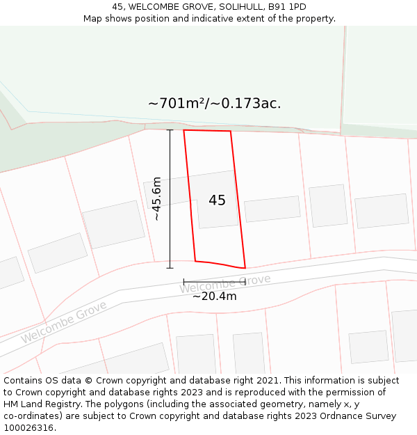 45, WELCOMBE GROVE, SOLIHULL, B91 1PD: Plot and title map