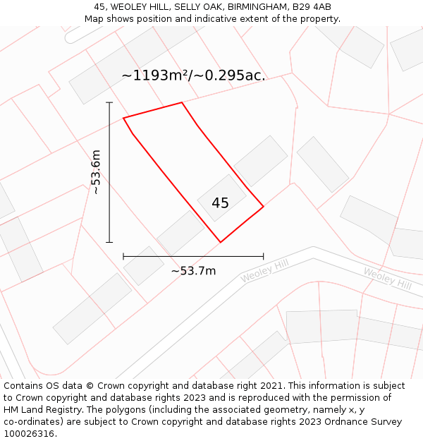 45, WEOLEY HILL, SELLY OAK, BIRMINGHAM, B29 4AB: Plot and title map