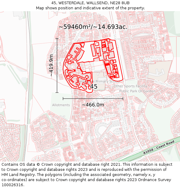 45, WESTERDALE, WALLSEND, NE28 8UB: Plot and title map