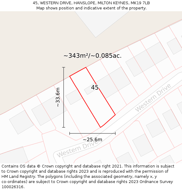 45, WESTERN DRIVE, HANSLOPE, MILTON KEYNES, MK19 7LB: Plot and title map
