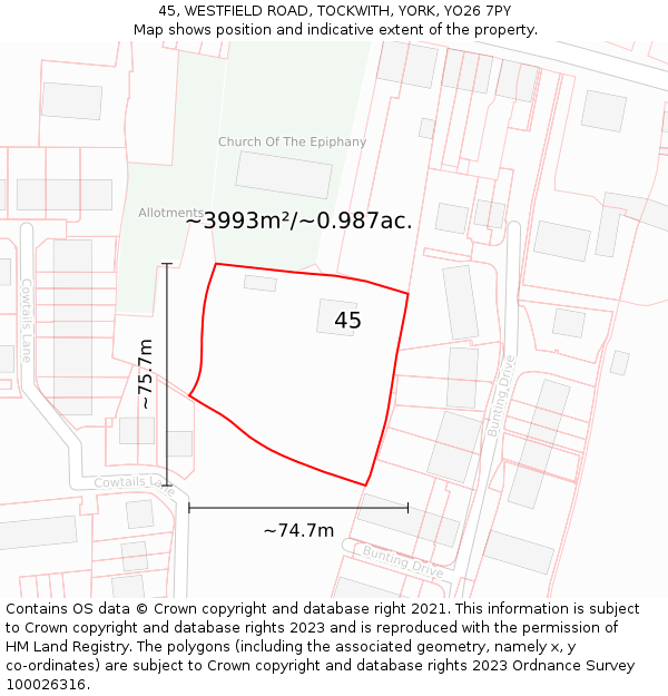 45, WESTFIELD ROAD, TOCKWITH, YORK, YO26 7PY: Plot and title map