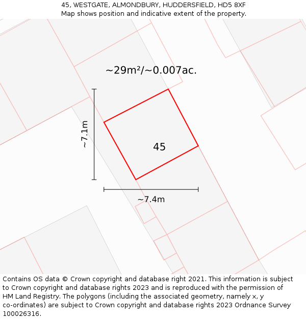45, WESTGATE, ALMONDBURY, HUDDERSFIELD, HD5 8XF: Plot and title map