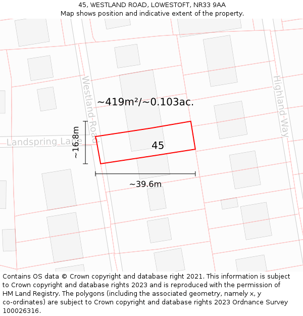 45, WESTLAND ROAD, LOWESTOFT, NR33 9AA: Plot and title map