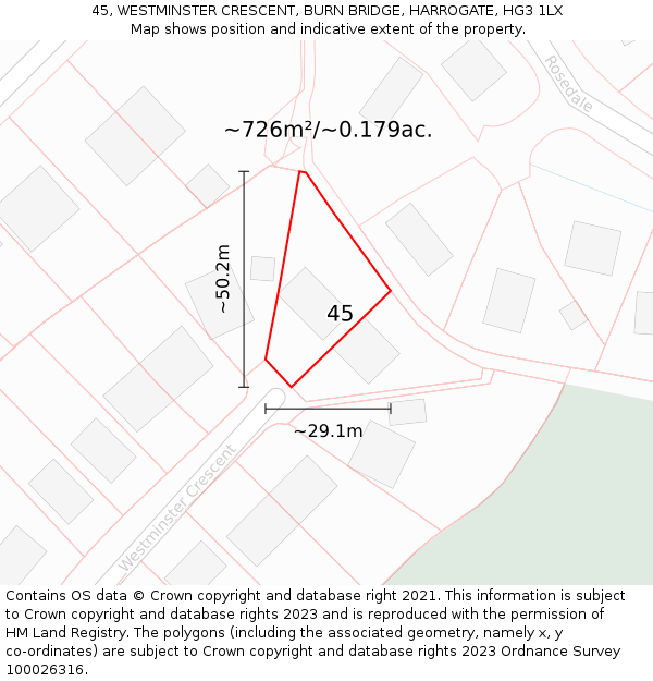 45, WESTMINSTER CRESCENT, BURN BRIDGE, HARROGATE, HG3 1LX: Plot and title map