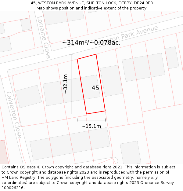 45, WESTON PARK AVENUE, SHELTON LOCK, DERBY, DE24 9ER: Plot and title map