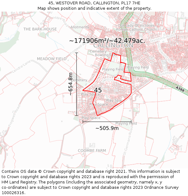 45, WESTOVER ROAD, CALLINGTON, PL17 7HE: Plot and title map