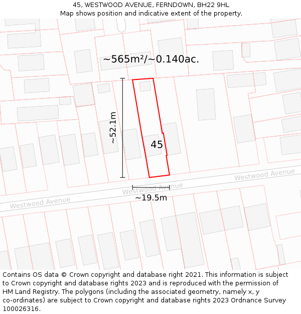 45, WESTWOOD AVENUE, FERNDOWN, BH22 9HL: Plot and title map